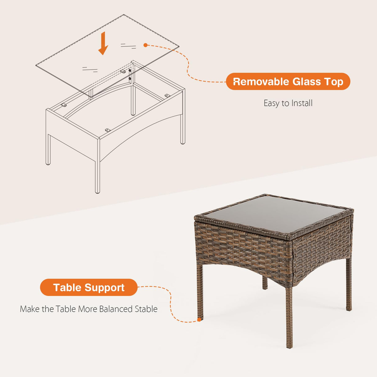 Sweetcrispy Patio Furniture Set 3 Pieces, Outdoor Furniture with Soft Cushion and Glass Table, All Weather Manual Weaving Wicker Rattan Patio Chairs for Garden, Terrace, Porch, Lawn (Brown and Beige) Sweetcrispy