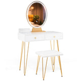 CHARMAID Makeup Vanity Table with Lighted Mirror, Vanity Desk with 2 Large Drawers, Adjustable 3 Lighting Modes, Modern Girls Bedroom Vanity Table with Chair for Small Spaces, White & Gold CHARMAID