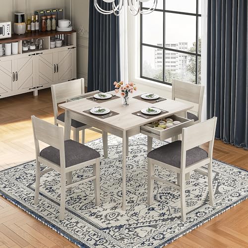 VECELO 5-Piece Square Dining Table Set for 4, 38.2'' Solid Wood Kitchen Table with 4 Upholstered Chairs & 2 Drawers for Dining Room, Kitchen, Small Space, Washed Gray VECELO
