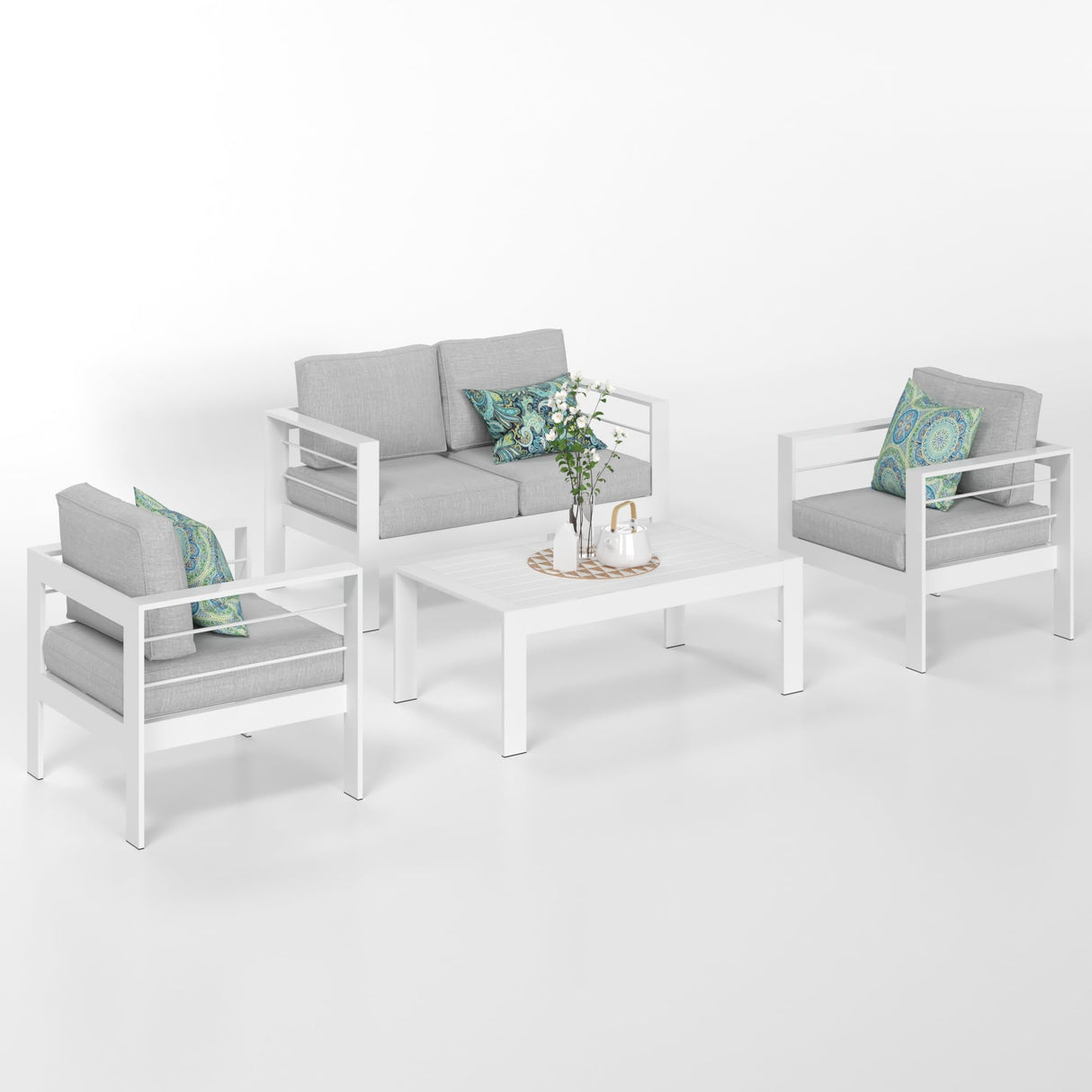 Solaste Outdoor Aluminum Furniture Set - 4 Pieces Patio Sectional Chat Sofa Conversation Set with Table,White Solaste