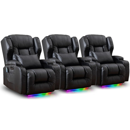 3PC Power Recliner Chair Set of 3 with Massage and Heat - Home Theater Seating Seats with LED Lights, Game Movie Theater Recliner Sofa Chairs for Living Room Reclining Chair with Cup Holder/USB