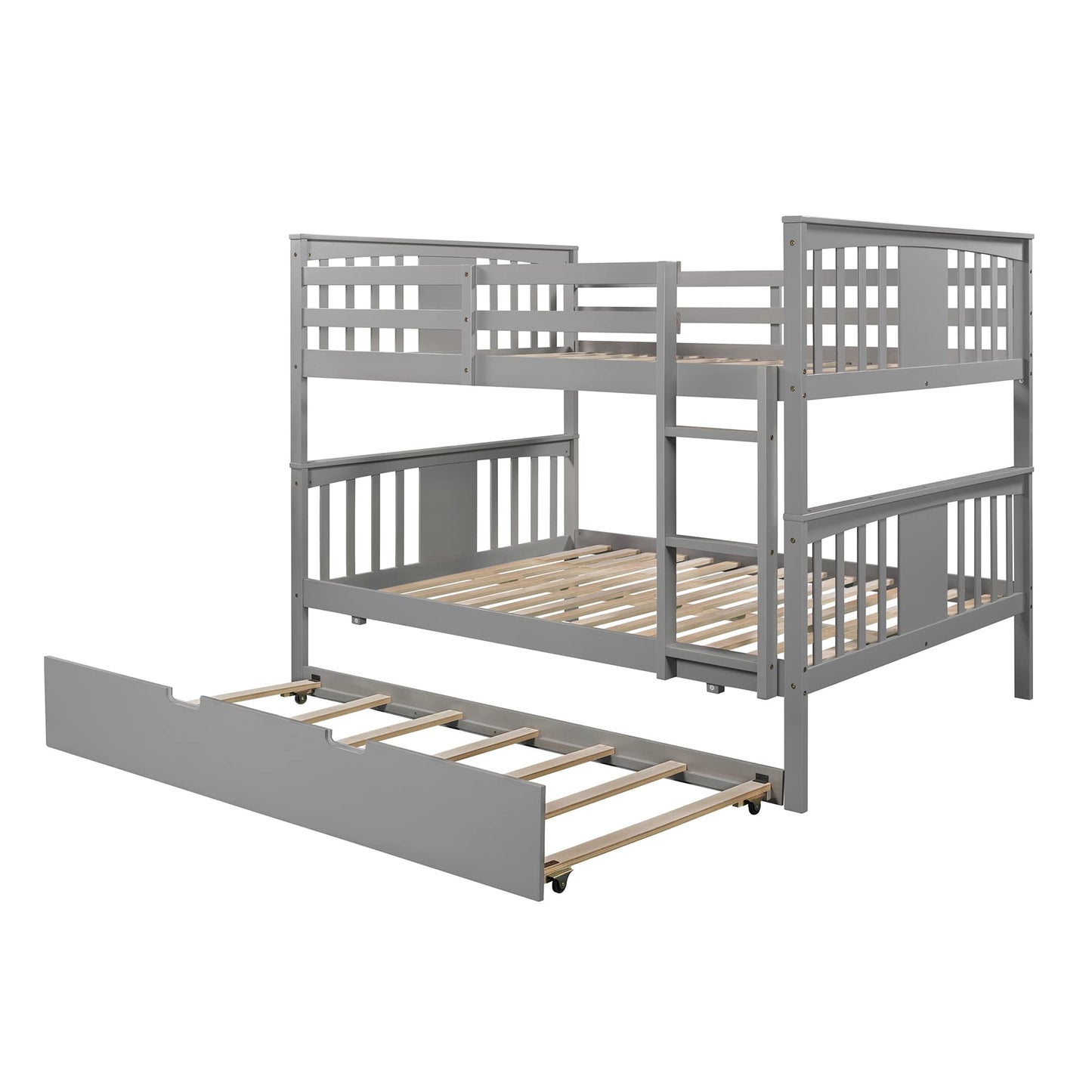 MERITLINE Bunk Bed Full Over Full, Wood Bunk Bed with Twin Size Trundle Bed and Ladder, Space Saving Design Bedroom Furniture (Gray)