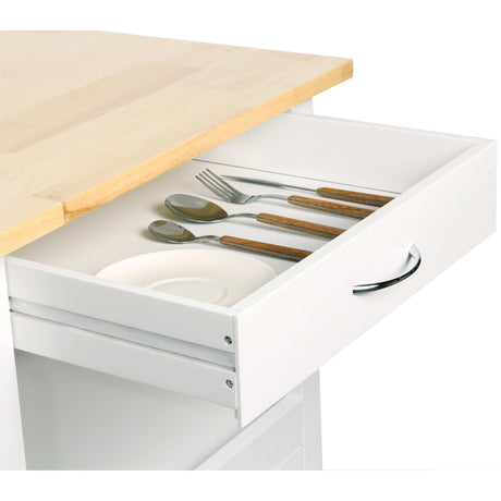 eHemco Kitchen Island Cart on Wheels with Drawer, Storage Cabinet, Shelf and Natural Solid Hardwood Top, White Base eHemco
