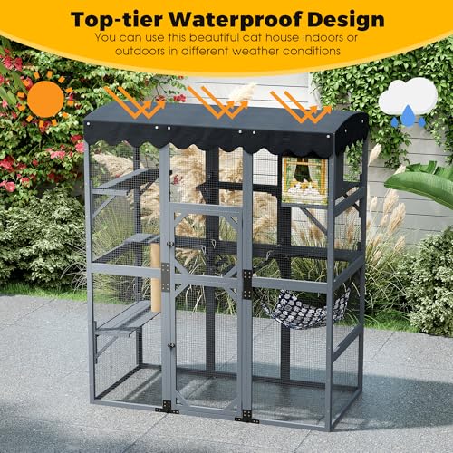 COZIWOW 72Inches Large Wood Catio Outdoor Cat Enclosure with Waterproof Roof, Multi-Level Cat House for 2-3 Cats, Spacious Perches, Hammock, and Scratching Post（Grey Fashion Pattern） COZIWOW