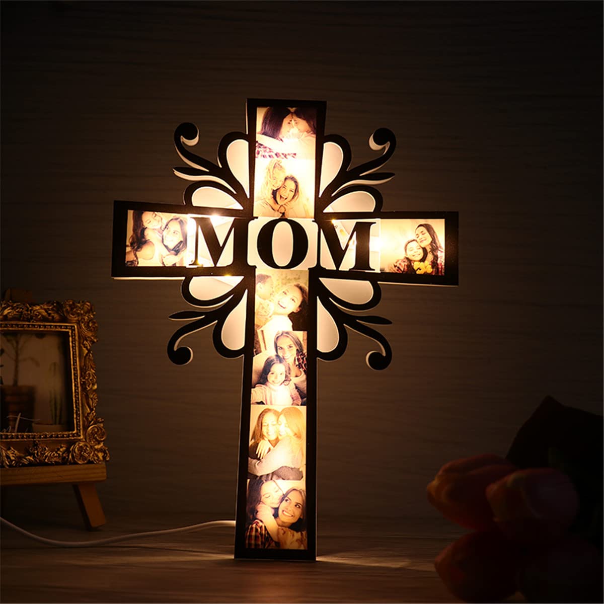 Custom Photo led Light up Cross Decoration, Personalized Acrylic Picture Night Lights Gifts for Dad Mom from Daughter Son Mother Day Father Day Mom Dad Gifts for Men Wife Husband Women - WoodArtSupply