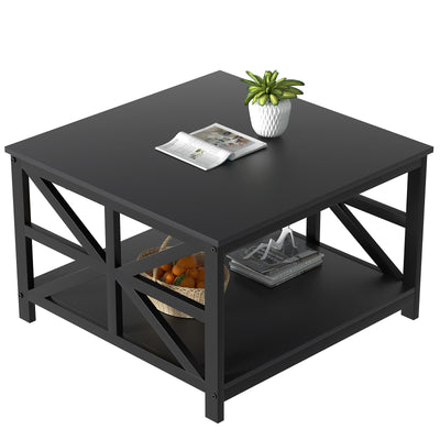 GreenForest Coffee Table with Storage for Living Room, Small Square Center Tables with Seamless One-Piece Tabletop Farmhouse Style, Black