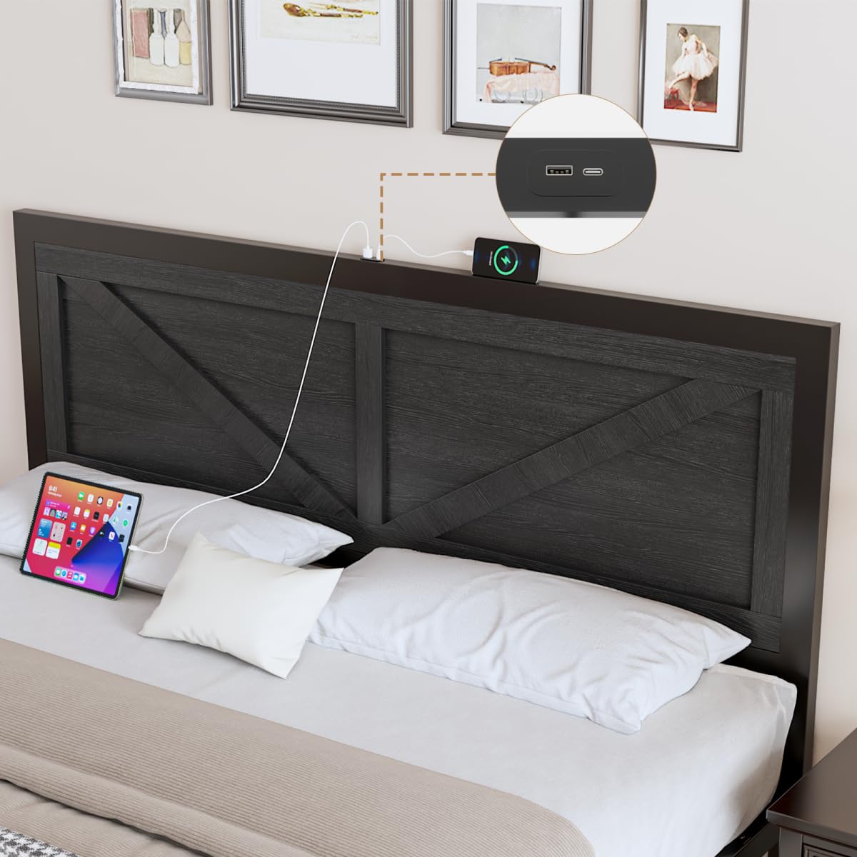 DOGIBIXO Full Size Bed Frame with Led Lights and USB Charging, Industrial Platform Bed Frame with Farmhouse Barn Door Headboard, Strong Metal Slats Support, Noise Free, No Box Spring Needed, Black DOGIBIXO