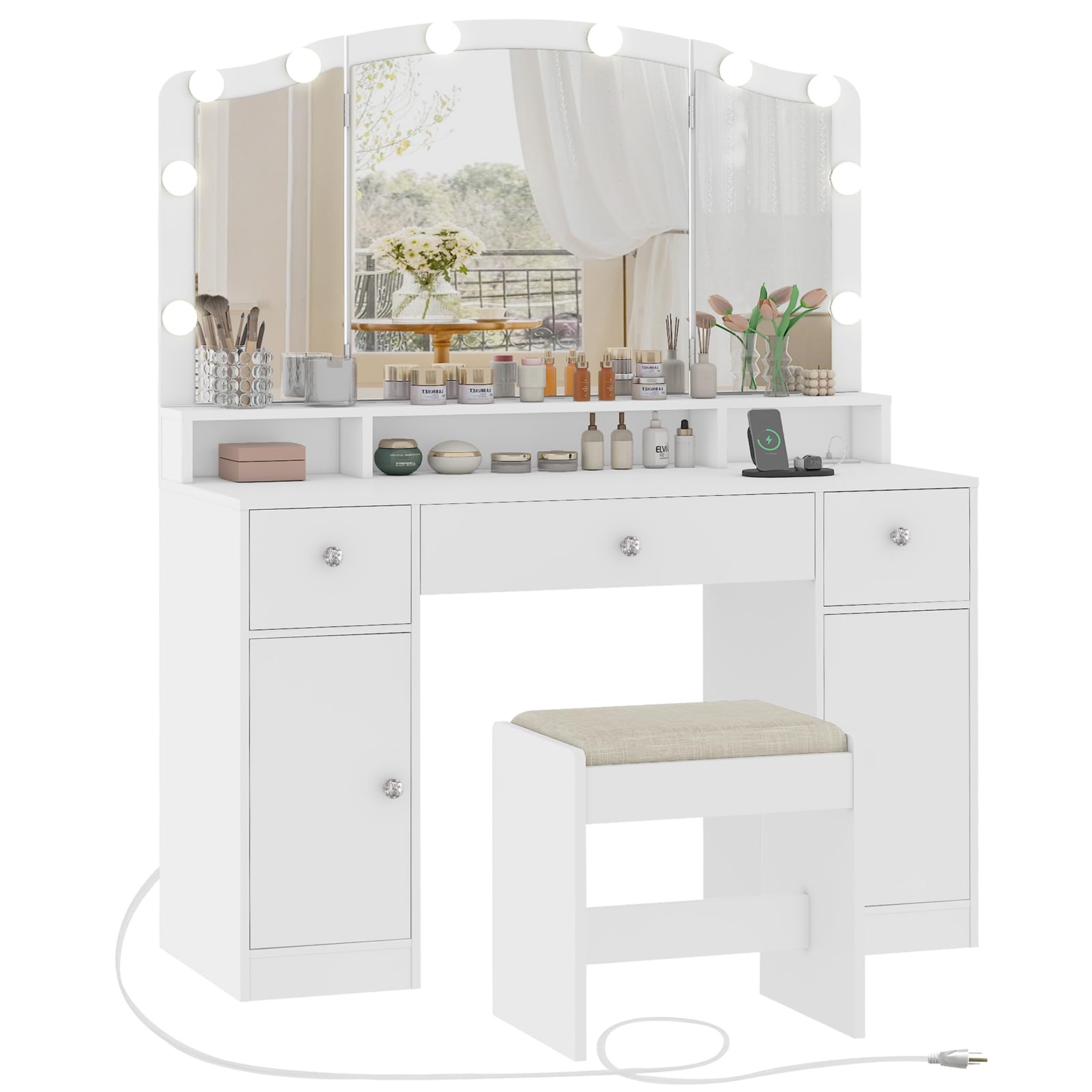 Vanity Desk with Triple Folding Mirror, Makeup Vanity with Power Outlet, Vanity Desk with 10 Lights, 3 Drawers & 2 Cabinets, Makeup Vanity Table with Soft Cushioned Stool for Women, Bedroom,  - WoodArtSupply