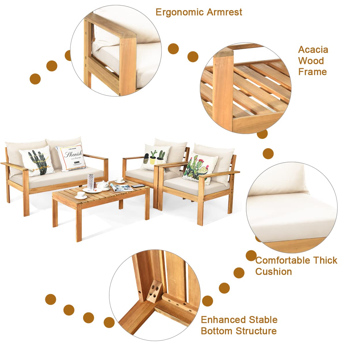 COSTWAY 4 Pieces Outdoor Acacia Wood Sofa Set, Outdoor Conversation Sofa Set with Table & Cushions Porch Chairs for Garden, Patio, Deck