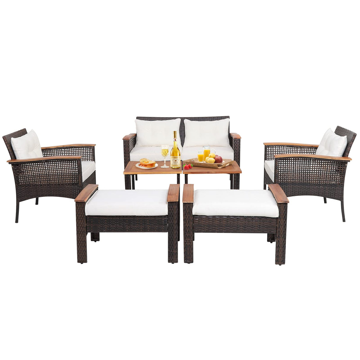 HAPPYGRILL 7 Piece Patio Furniture Set Rattan Sofa Set Outdoor Wicker Conversation Set with 2 Ottomans & 2 Coffee Tables with Bottom Shelf Acacia Wood Tabletop Seat & Back Cushions HAPPYGRILL