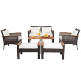 HAPPYGRILL 7 Piece Patio Furniture Set Rattan Sofa Set Outdoor Wicker Conversation Set with 2 Ottomans & 2 Coffee Tables with Bottom Shelf Acacia Wood Tabletop Seat & Back Cushions HAPPYGRILL