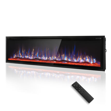 PHI VILLA 72" Electric Fireplace Wall Mounted, Recessed Wall Fireplace Electric with Crystal, Fake Charcoal & Firewood Bed for Indoor, Remote Control, 750W/1500W, Timer, Ultra-Narrow Bezel PHI VILLA