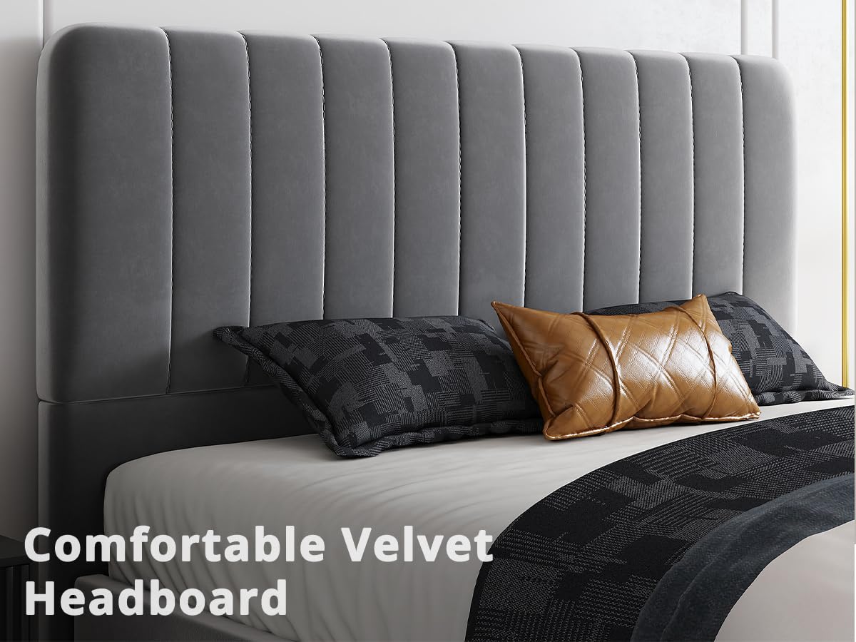LIKIMIO Twin Bed Frames, Modern Velvet Upholstered Platform Bed with Headboard, Soft Rounded Corners, Noise Free, Easy Assembly, Light Gray LIKIMIO