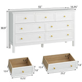 CARPETNAL White Dresser for Bedroom, 7 Drawer Dresser with Wide Drawers and Gold Metal Handles, 55" White and Gold Dresser TV Stand, Modern Dressers & Chests of Drawers for Hallyway, Entryway. CARPETNAL
