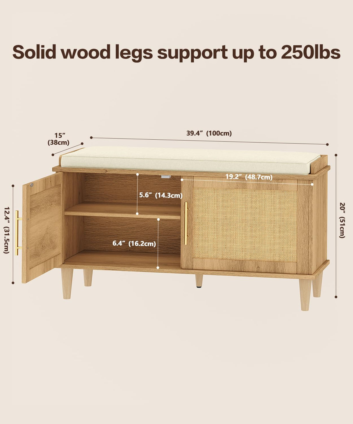 Akxomel Natural Rattan Shoe Storage Bench with Cushion, Entryway Shoe Cabinet Bench with 2 Doors, 15"D x 39.4"W x 20"H, Wooden Shoe Organizer, Adjustable Shelf, Solid Wood Legs, for Hallway, Bedroom Akxomel