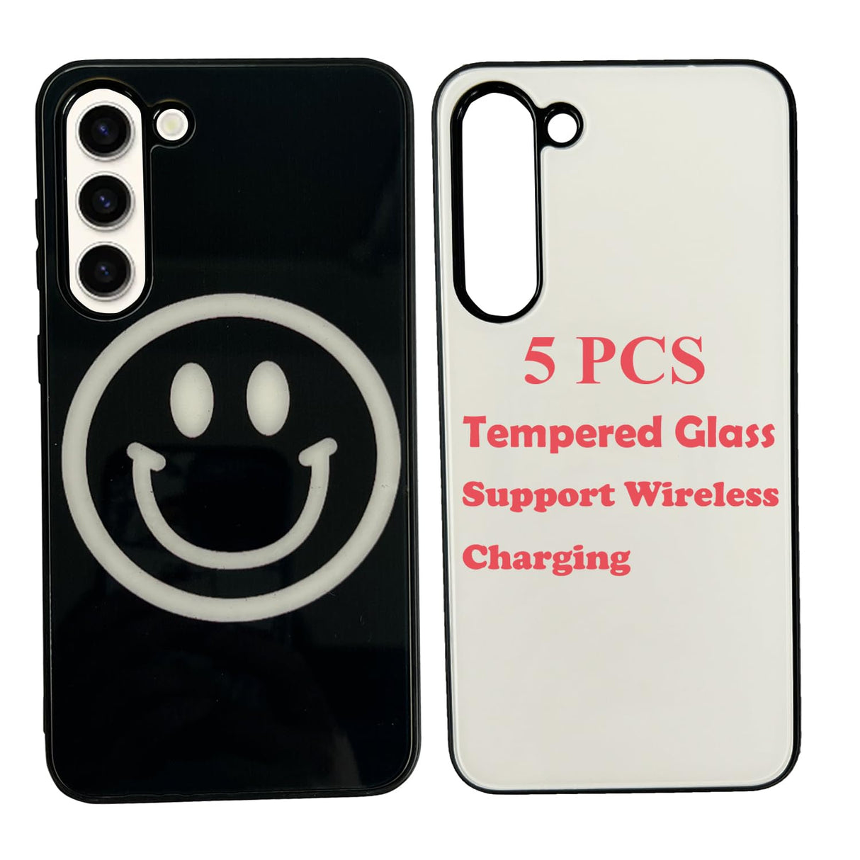 JUSTRY 5PCS Sublimation Blanks Phone Case Bulk Covers Compatible with Samsung Galaxy S23 5G, Support Wireless Charging, Easy to Sublimate DIY, 2 in 1 2D Soft Rubber Case + Tempered Glass Inserts JUSTRY