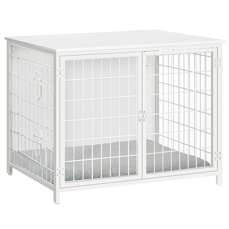 MAHANCRIS Dog Crate Furniture with Cushion, Wooden Dog Kennel with Double Doors, Heavy Duty Dog Cage for Small/Medium/Large Dogs, Indoor Dog House End Table, 31.5" L, White DCBW0701 MAHANCRIS