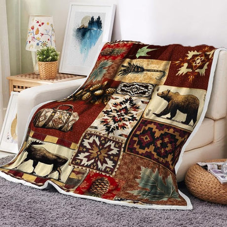 Uokiuki Rustic Cabin Throw Blankets, Farmhouse Country Vintage Bear Moose Wood Cozy Warm Bed Couch Blanket, Hunting Camping Forest White Fleece Flannel Throws to Decorate The Room and Bedroom Uokiuki