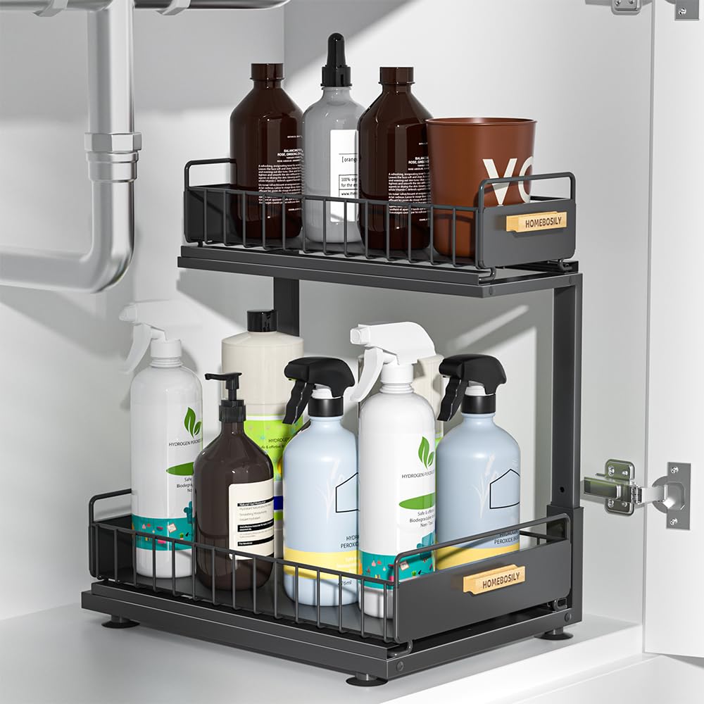 Under Sink Organizer Kitchen, 2 Tier Under Sink Organizers and Storage, Pull out Cabinet Organizer Shelf, Metal Drawer for Kitchen Bathroom Pantry Cabinet Closet Organization Rack, Black, 1 Pack HOMEBOSILY