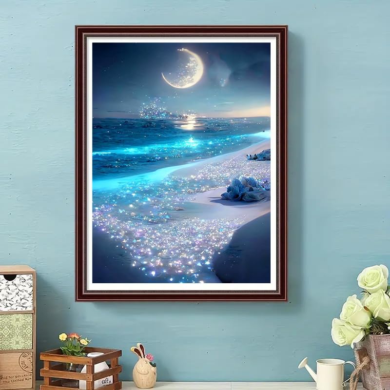 HSENJT Beach Diamond Art Painting by Number Kits,Seaside Night 5D Diamond DIY Painting for Adult,Moon Paint with Round Diamonds for Relaxation Home Wall Decor Gift(30x40cm/11.8X15.7inch) HSENJT