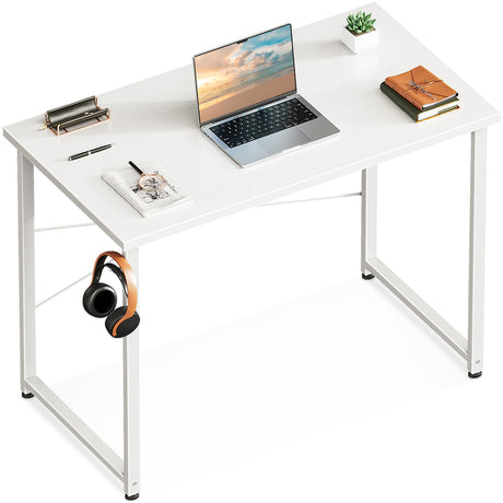 Casaottima 32 Inch Small Computer Desk for Home Office, Study Writing Table for Small Spaces, Simple Modern Desk with Headphone Hooks, Pure White Casaottima