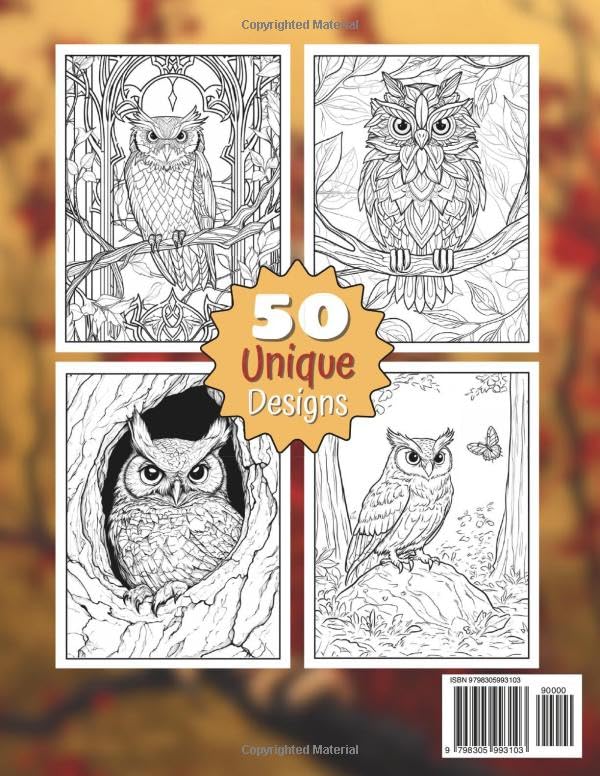 Owls Coloring Book for Adults: A Coloring Adventure of Feathers and Fantasy, Large Print with 50 Unique Designs for Mindfulness and Stress Relief Majosta