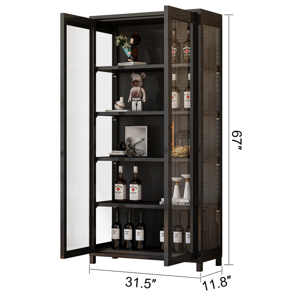 Display Cabinet with Glass Doors, 5-Tier Curio Cabinet with 4 Adjustable Shelves for Collectibles Toy Organizers Rack & Display Shelf, Kids Bookcase for Bedroom, Living Room, Reading Nook (Black) YGWBGA