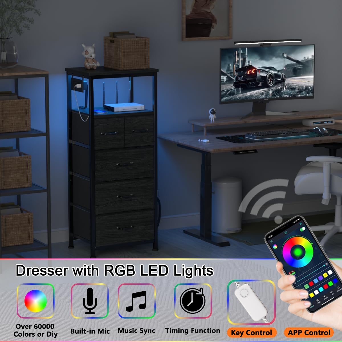 Furnulem Vertical Dresser with Charging Station and LED Lights, Black Chest of Drawers with Shelf and 5 Fabric Bins, Tall Nightstand for Entryway, Closet, Bedside Table, Wood Top, Bedroom Furniture Furnulem