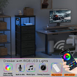 Furnulem Vertical Dresser with Charging Station and LED Lights, Black Chest of Drawers with Shelf and 5 Fabric Bins, Tall Nightstand for Entryway, Closet, Bedside Table, Wood Top, Bedroom Furniture Furnulem