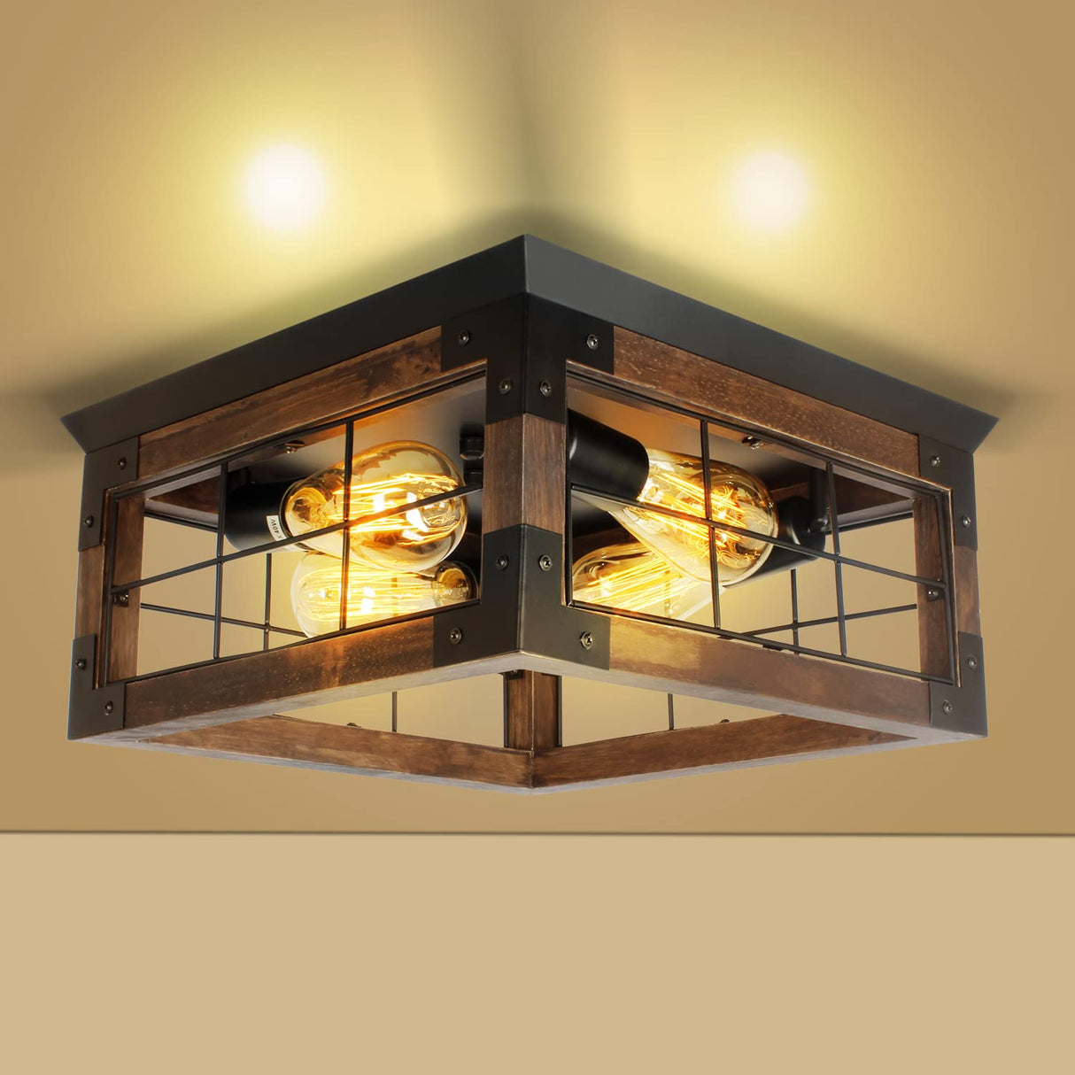 Farmhouse Flush Mount Ceiling Light, 4-Lights Rustic Wood Square Ceiling Light Fixture Kitchen Light Fixture, Farmhouse Light Fixtures for Dining Room Kitchen Livingroom Bedroom Porch JWLUYN