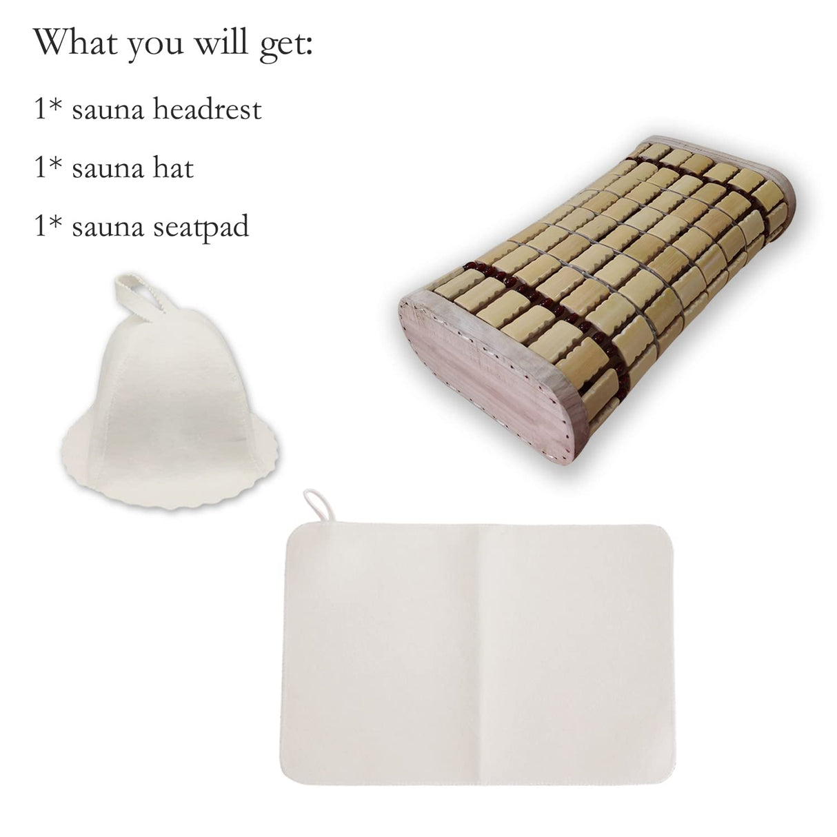 NUIBY Bamboo Sauna Headrest Pillow, 100% Natural Handmade Wood Sauna Pillow Sauna Neck Rest Sauna Accessory, Bonus Sauna Cap and Seat Pad Included, Summer Cool Cervical Spine Pillow (1 Set) NUIBY