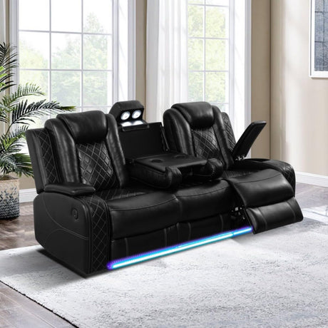 Electric Power Recliner Sofa Living Room Furniture, Comfy Home Theater Breathing Leather Seating with USB 2.0 Charging Ports, LED Light Strips, Fold-Down Table & Wireless Charging Device (Black) UOCFYK
