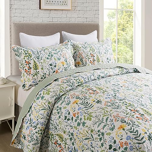 Travan 3-Piece Quilt Set Quilted Bedspread Lightweight Coverlet Set Garden Style Floral Printed Oversized Quilted Bedding Set with Shams for All Season, Exquisite, King Size Travan