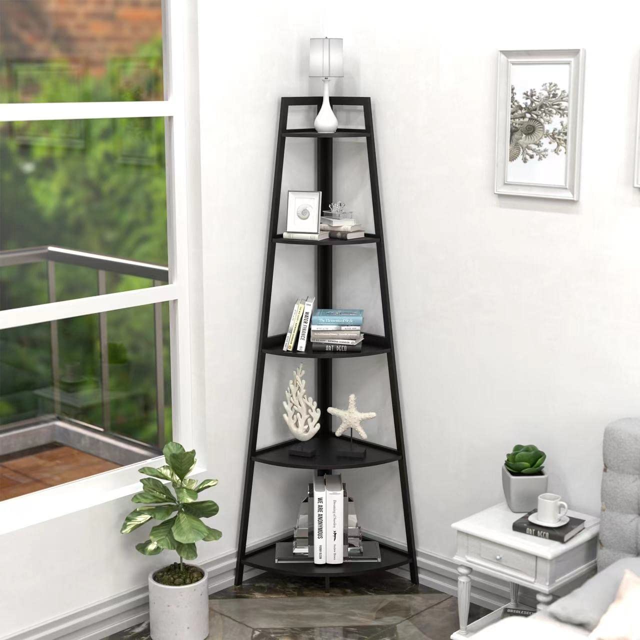 WTZ Modern 5-Tier Bamboo Corner Shelf - 70.8 Inch Tall Open Ladder Bookcase in Matte Black - WoodArtSupply