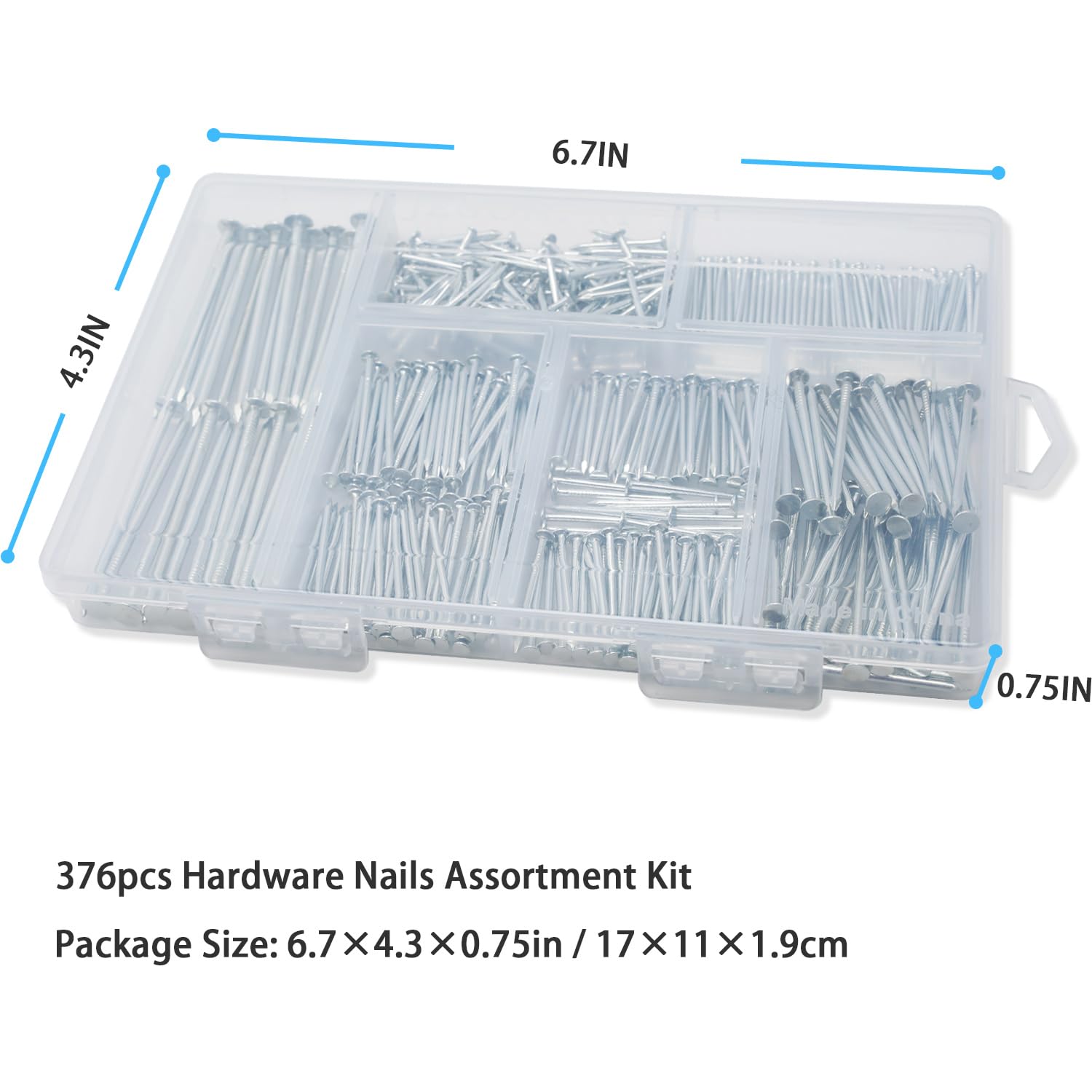 376pcs Premium Hardware Nails Assortment Kit, Maximum Length 2 Inches Galvanized Nails, Picture Hanging Nails, Wood Nails, Wall Nails with Storage Box | 6 Sizes - WoodArtSupply