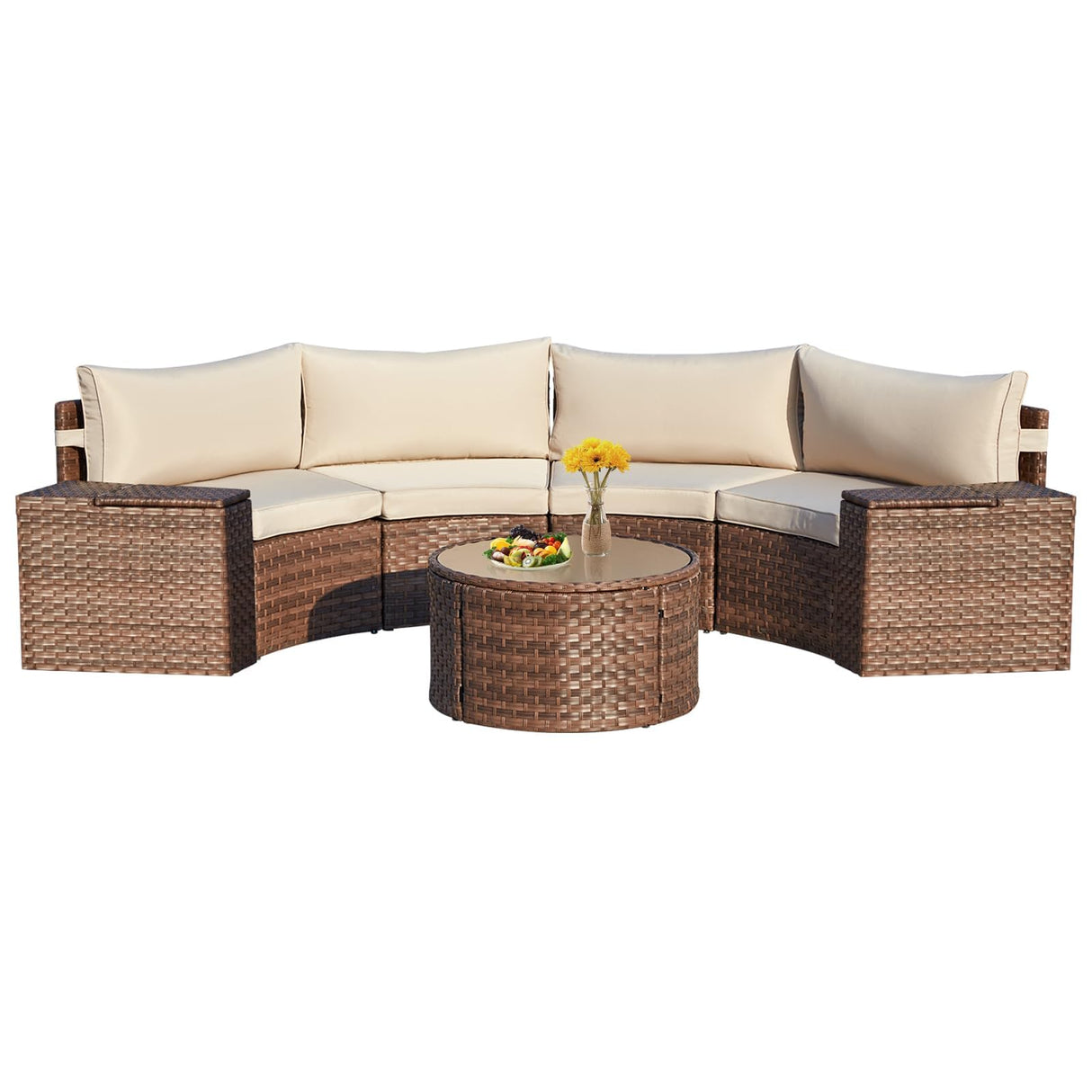 ECOTOUGE 7 Piece Patio Furniture Sets, Half-Moon Circle Conversation Set, Curved Wicker Outdoor Sectional with 2 Storage Armrests and Glass Coffee Table, Garden Balcony and Backyard (Beige) ECOTOUGE