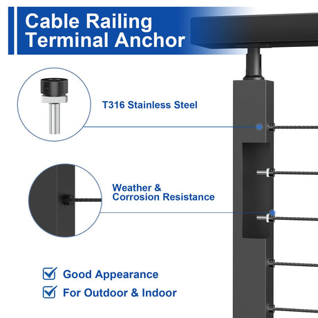 BLIKA 20 Pack 1/8" Black Cable Railing Anchor Terminal, T316 Stainless Steel, Invisible Cable Railing Kits for Metal Posts, Cable Railing End Fittings, Cable Railing Corner Post Anchor BLIKA