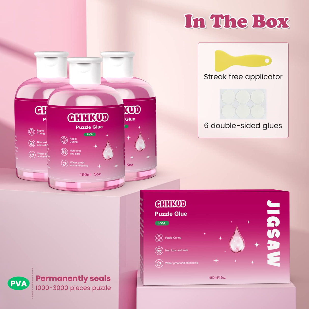 GHHKUD Jigsaw Puzzle Glue,450ML Puzzle Glue Clear with Applicator Brushes for Puzzle Paper Wood, Replace Puzzle Saver Sealer for Over Thousands Pieces of Puzzle Glue Sheets Accessories Tools (Pink) GHHKUD