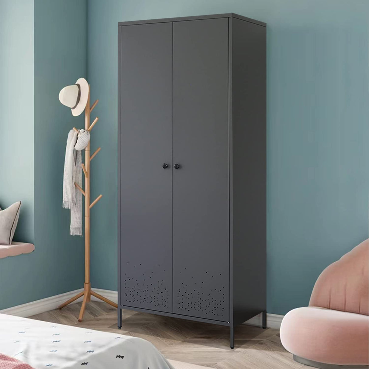 Metal Storage Cabinet with Hanging Rod, Wardrobe Armoire Closet for Bedroom, Laundry Room CJF