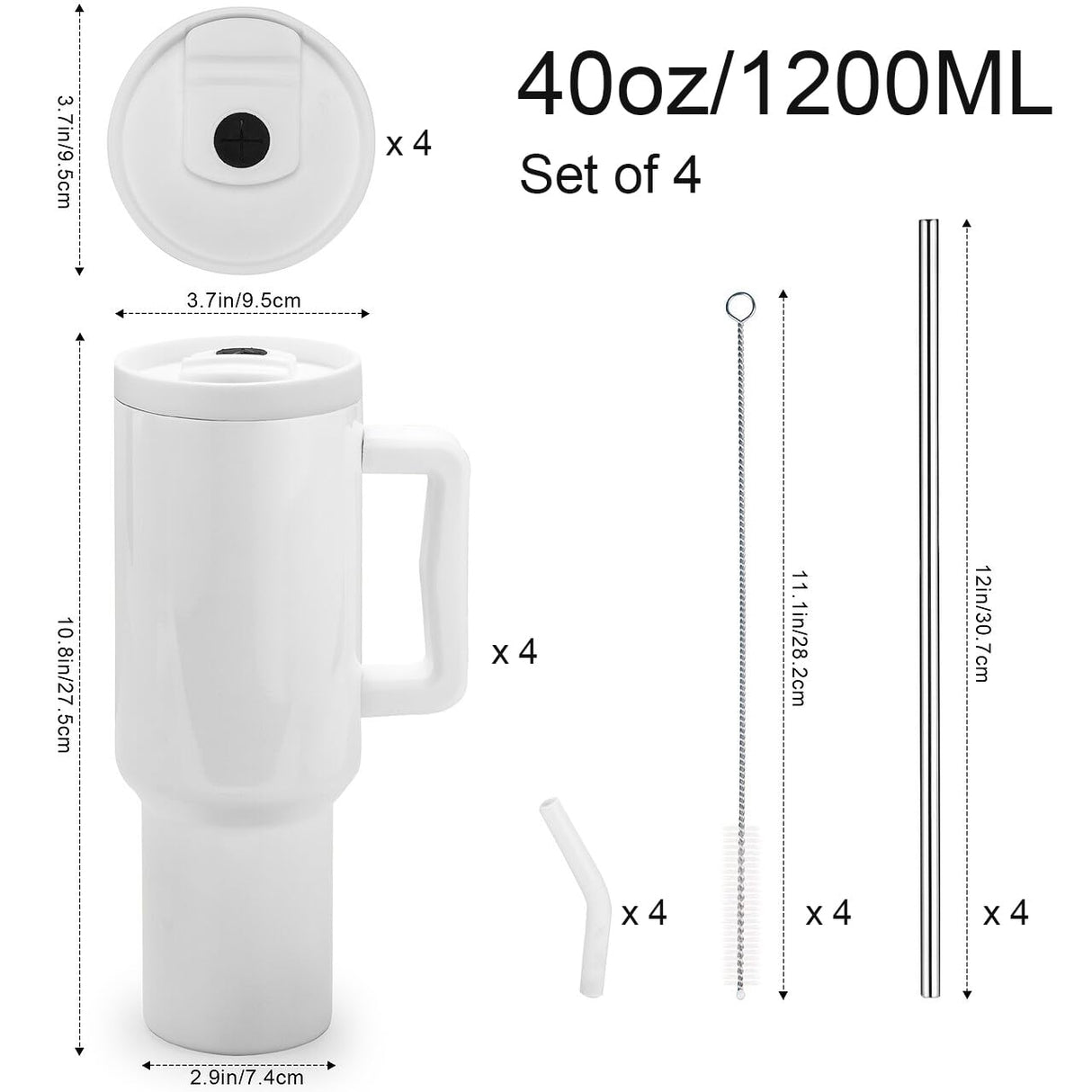 Sublimation Tumblers, 4 Pack 40oz Insulated Tumbler, 100% Leak Proof, with Handle & Lid & Straw & Brush, Stainless Steel Iced Coffee Tumbler Bulk, DIY Gift for Women Men Travel Party Car Office, White Skyflora