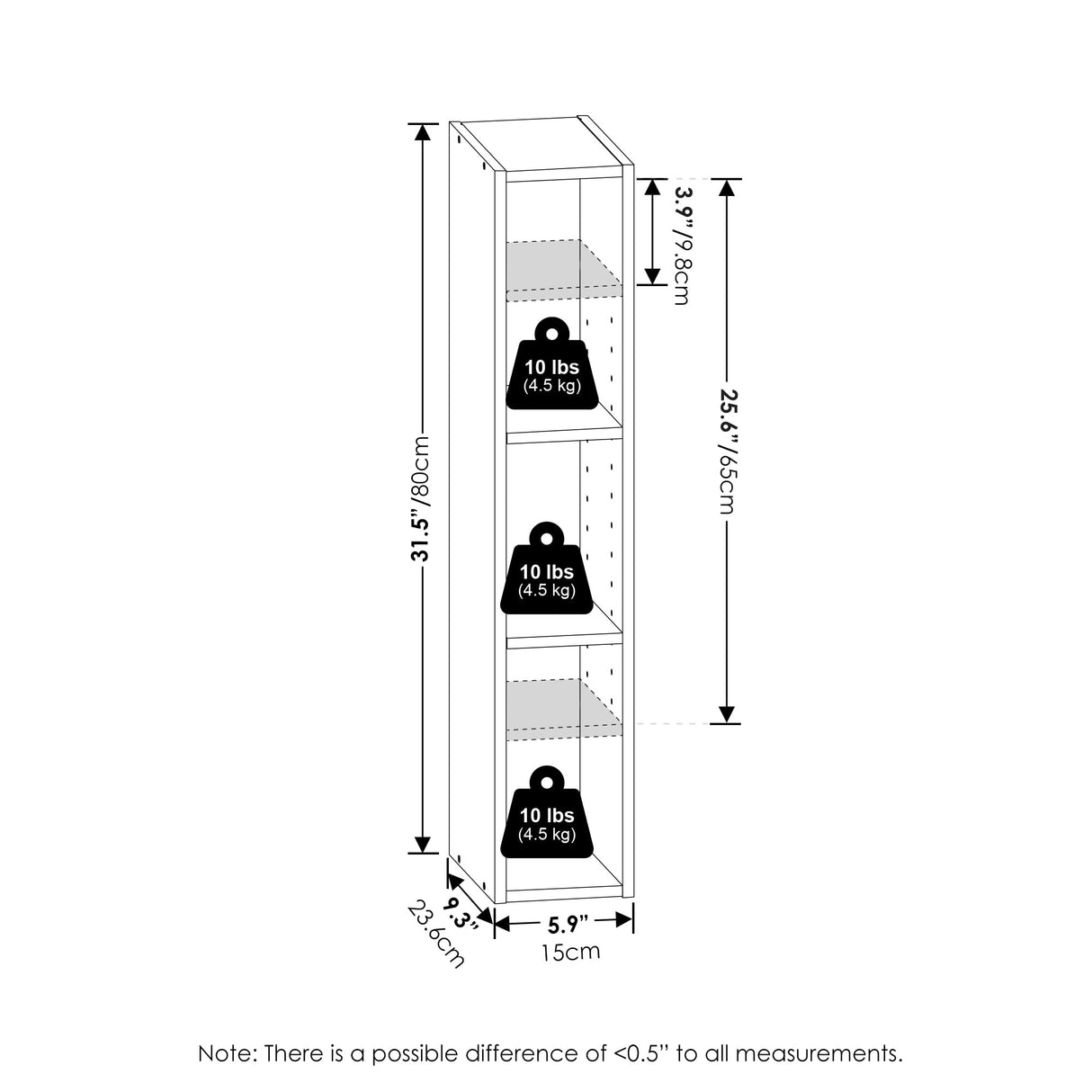 Furinno Fulda 3-Tier Space Saving Storage Shelf Bookcase, 6-Inch Width, White Furinno