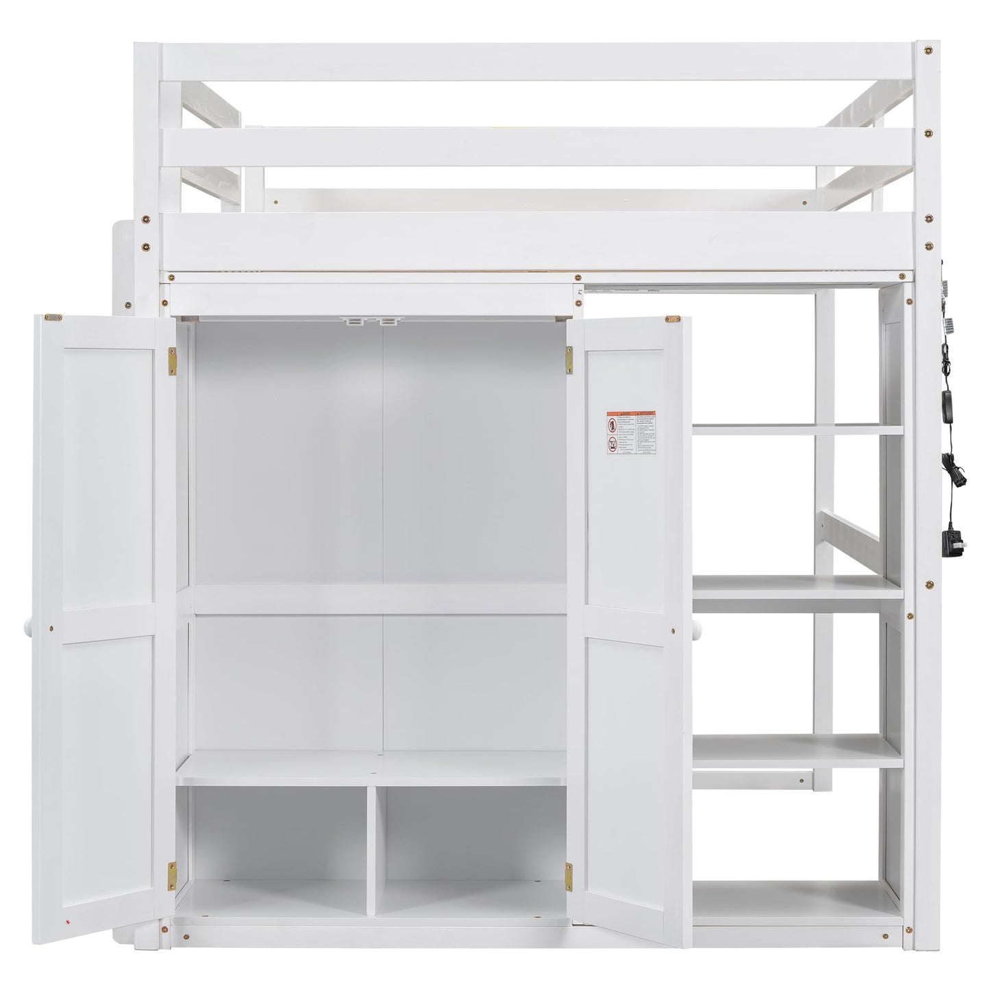 Linique Full Size White Loft Bed with LED Light and Built-in Wardrobe - WoodArtSupply