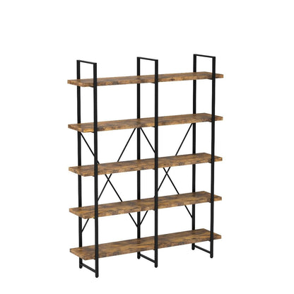 Ironck Double Wide Industrial 5-Tier Bookshelf with Open Shelves in Vintage Brown - WoodArtSupply