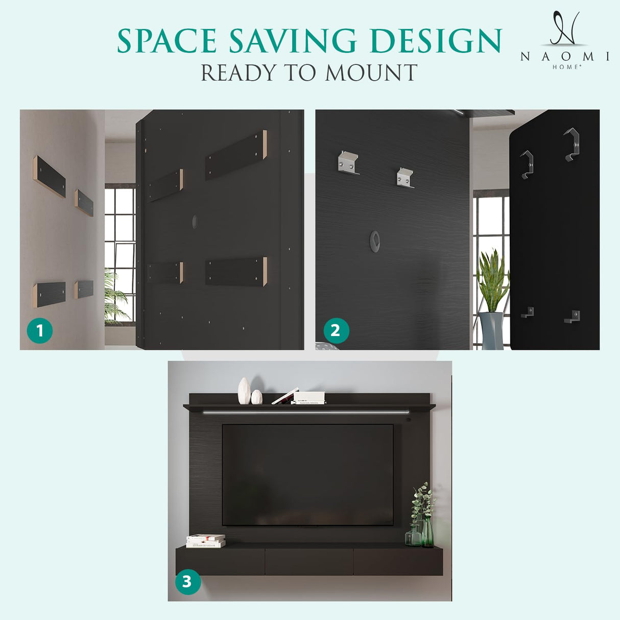 Naomi Home Bliss Modern Freestanding Wall Mounted Entertainment Center Floating TV Wall Panel for 70 inch TVs, Home Theater with LED Strip, Pull-Out Drawers and Overhead Shelf – Black, Solid Pine Wood Naomi Home