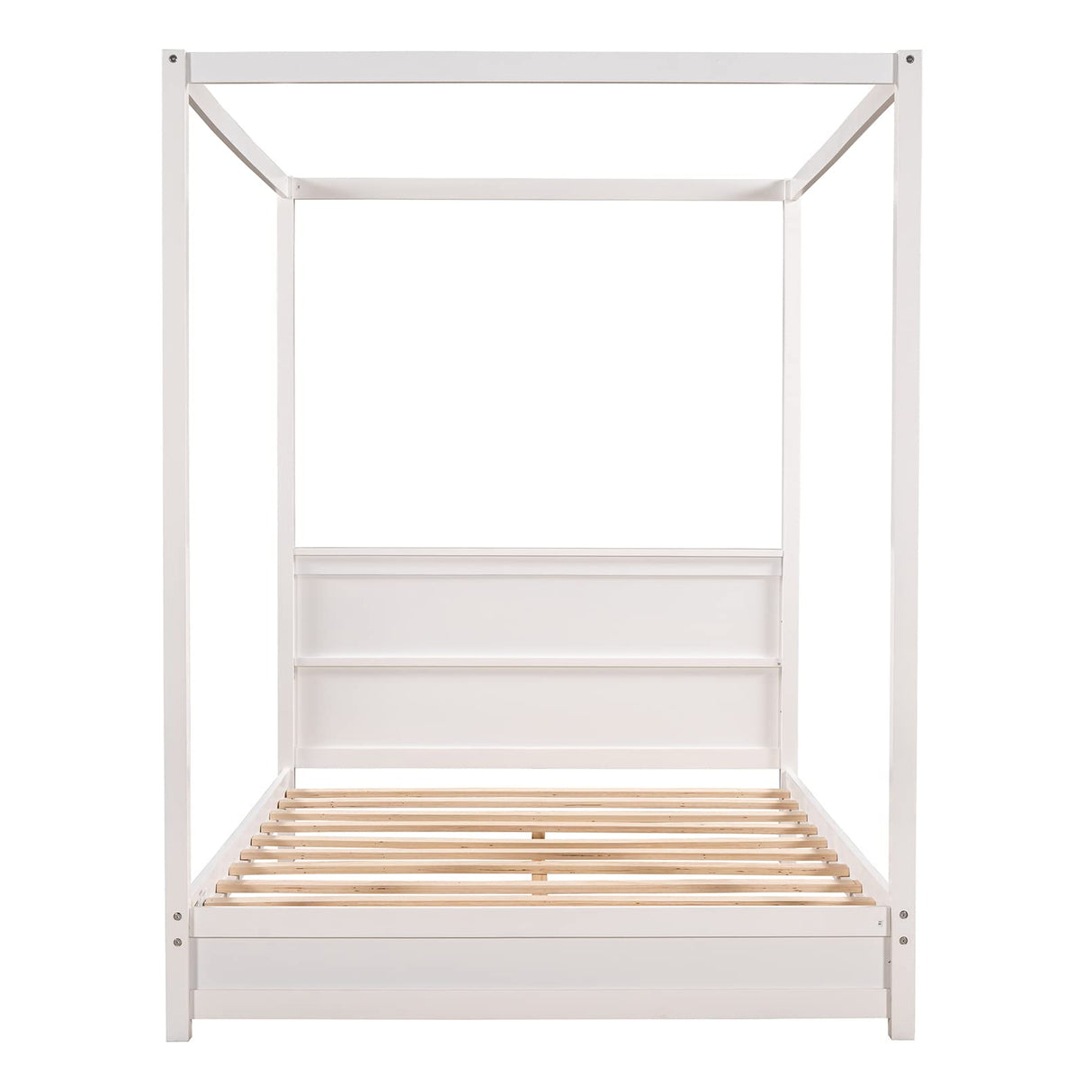 TMEOSK Modern White Full Size Wooden Canopy Bed Frame with Headboard and Sturdy Slat Support TMEOSK