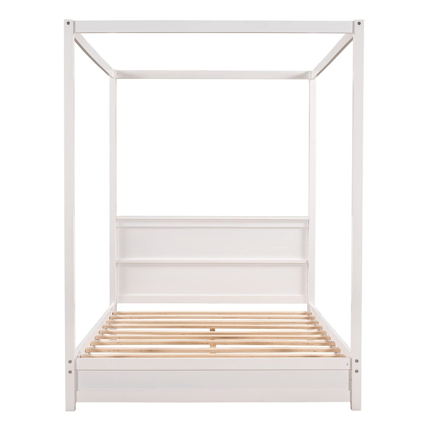 TMEOSK Modern White Full Size Wooden Canopy Bed Frame with Headboard and Sturdy Slat Support - WoodArtSupply