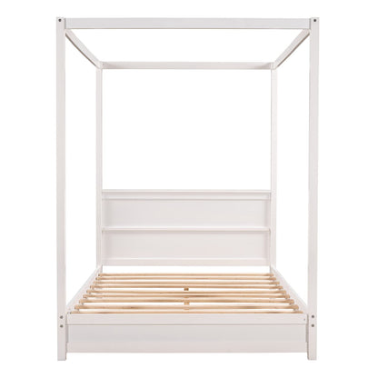 TMEOSK Modern White Full Size Wooden Canopy Bed Frame with Headboard and Sturdy Slat Support - WoodArtSupply