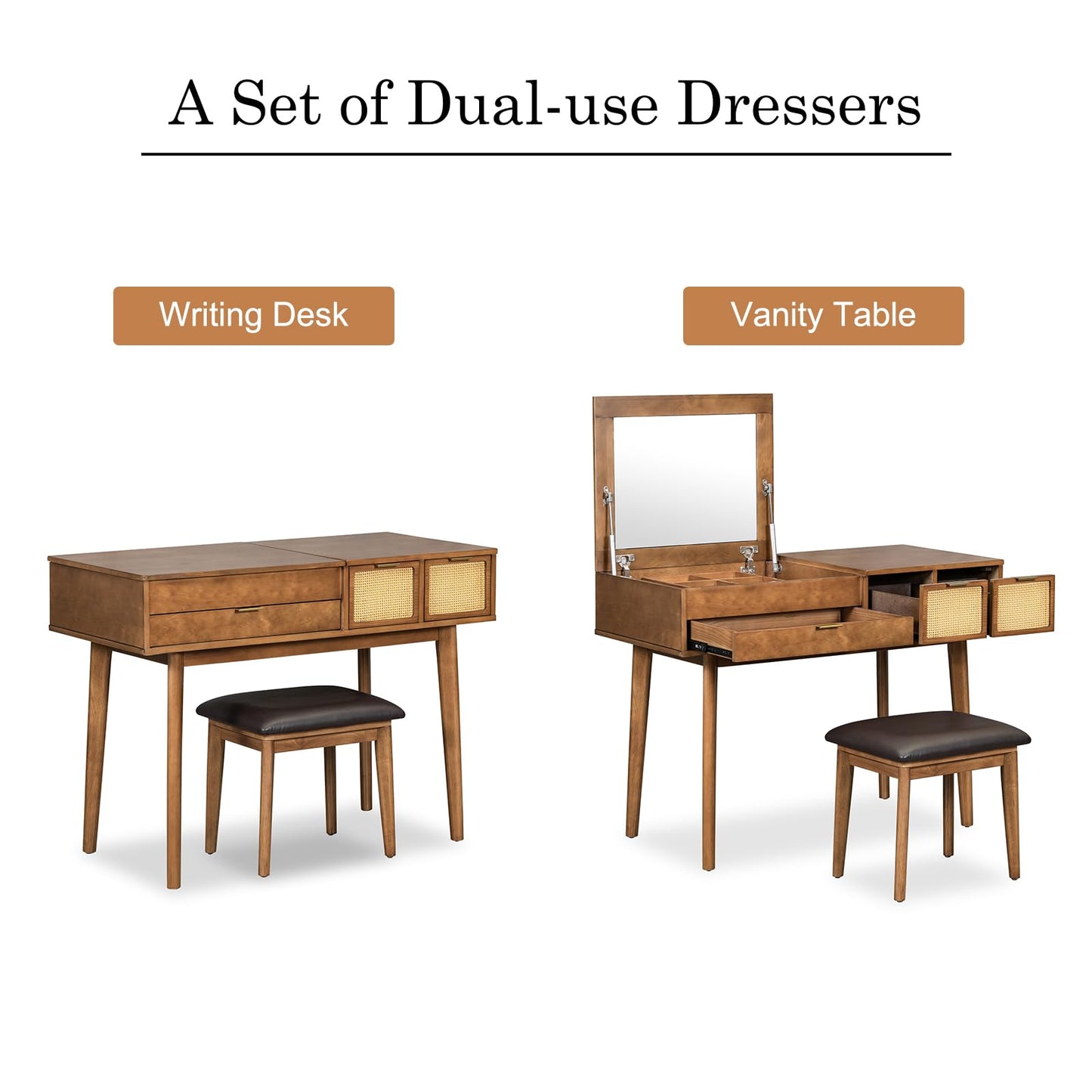 DOINUO 43.3" Wood Makeup Vanity Desk with Flip-top Mirror & Drawers, Vanity Dressing Table Set with Storage Space and Cushioned Stool, Vanity Makeup Desk Set for Bedroom Brown