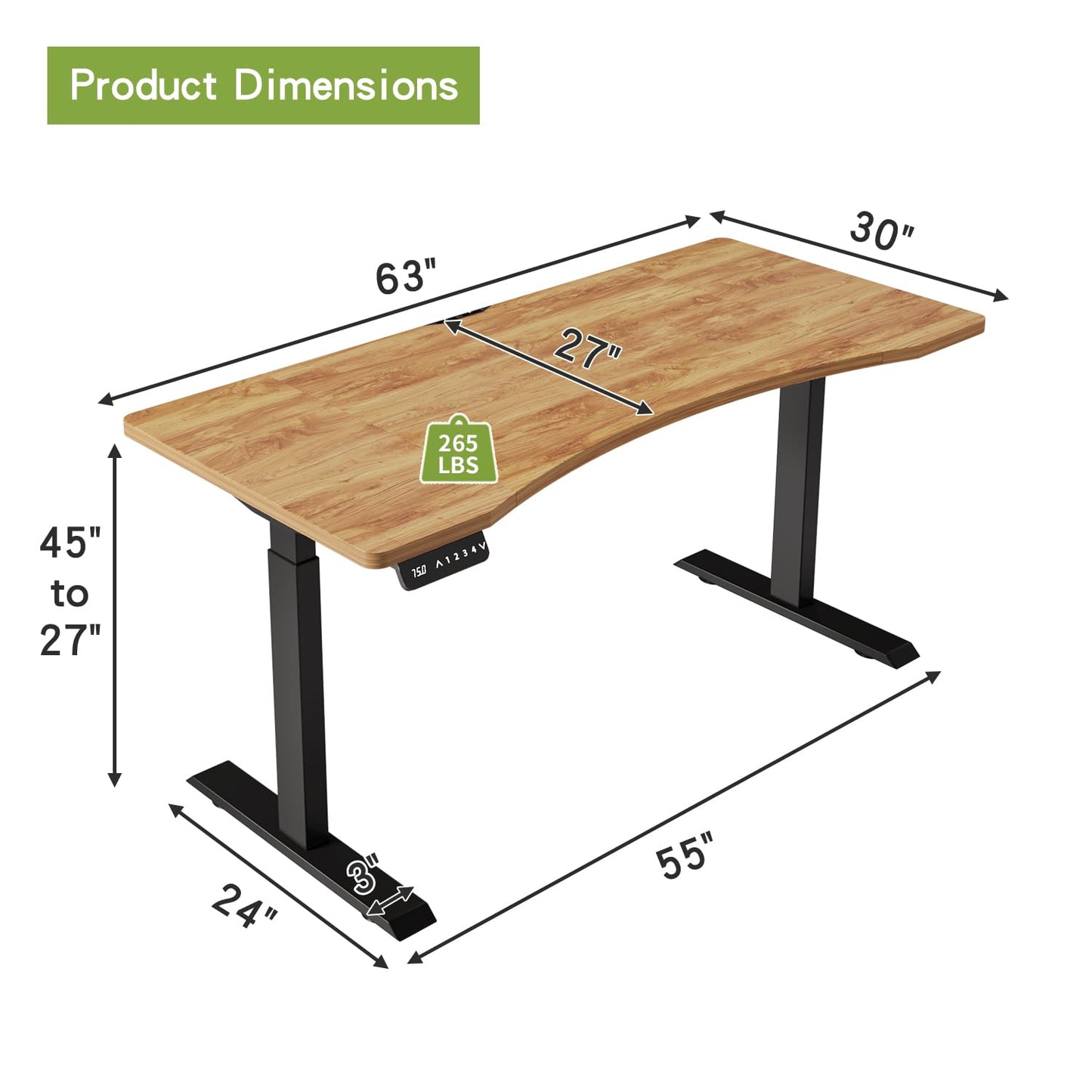 Radlove Dual Motors Height Adjustable 63 x 30 Electric Standing Desk with Curved Design Stand Up Table 4 Memory Keys, Computer Desk with Splice Board Home Office Desk, Light Brown Top + Black - WoodArtSupply