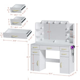ALEXNUTRE Make up Vanity Desk with Mirror and Lights, Vanity with Lights 3 Models Settings, Vanity with Power Outlet, Vanity Desk with 5 Drawers, 2 Cabinets, Shelves, Makeup Vanity for Bedroom, White ALEXNUTRE